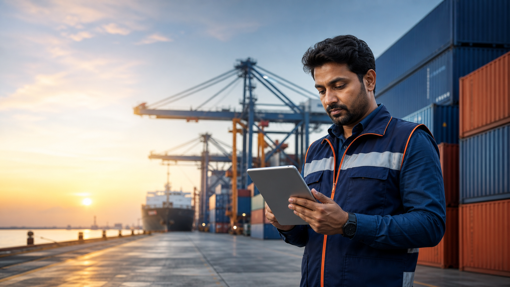 Logistics professional working at a container terminal